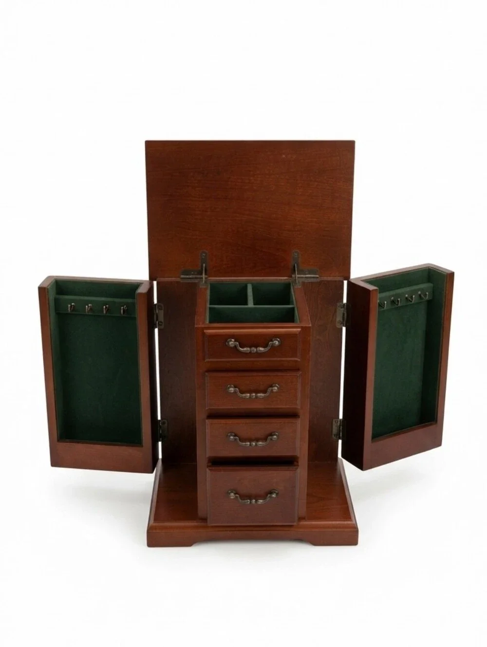 Vintage 1987 The Bombay Company Wooden Jewelry Armoire Box | Green Velvet Lined